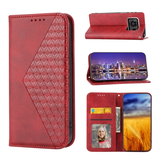 

For Sharp Aquos R6 Cubic Grid Calf Texture Magnetic Closure Leather Phone Case(Red)