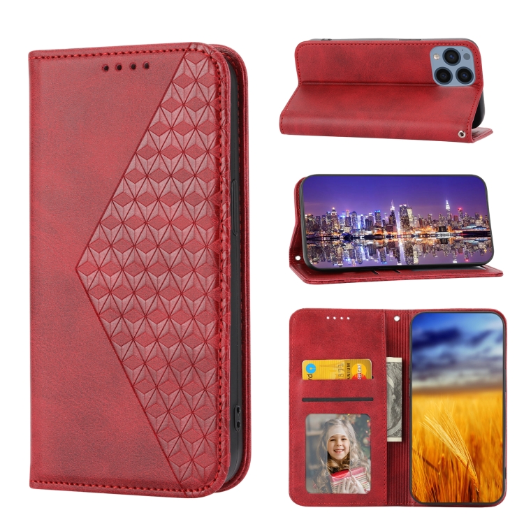 

For Sharp Simple Sumaho 6 Cubic Grid Calf Texture Magnetic Closure Leather Phone Case(Red)