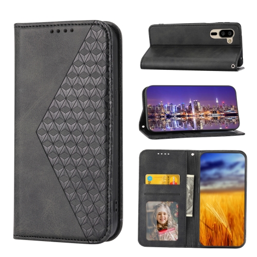 

For Sharp Simple Sumaho 5 Cubic Grid Calf Texture Magnetic Closure Leather Phone Case(Black)