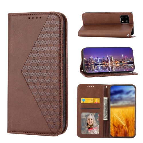 

For Sharp Aquos Sense6 / 6S Cubic Grid Calf Texture Magnetic Closure Leather Phone Case(Brown)