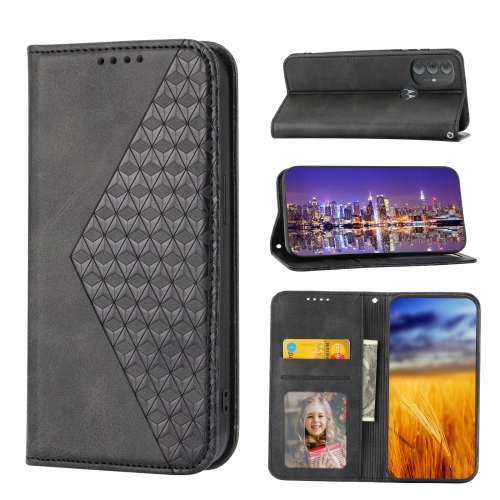 

For Motorola Moto G Power 2022 Cubic Grid Calf Texture Magnetic Closure Leather Phone Case(Black)
