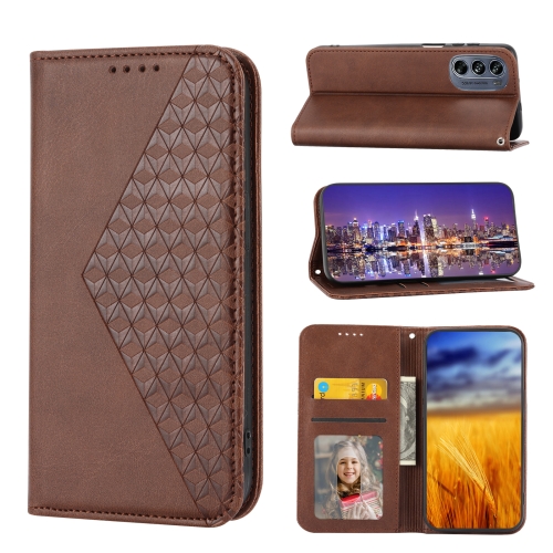 

For Motorola Moto G62 Cubic Grid Calf Texture Magnetic Closure Leather Phone Case(Brown)