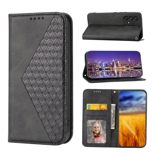 

For Motorola Moto G42 Cubic Grid Calf Texture Magnetic Closure Leather Phone Case(Black)