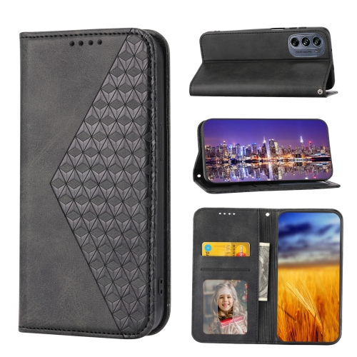 

For Motorola Moto E32 4G Global Cubic Grid Calf Texture Magnetic Closure Leather Phone Case(Black)