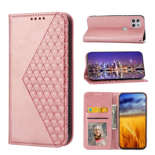 

For Motorola One 5G Ace Cubic Grid Calf Texture Magnetic Closure Leather Phone Case(Rose Gold)