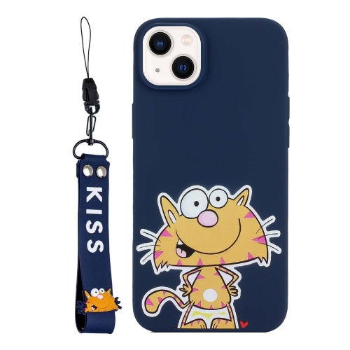 

For iPhone 14 Plus Silicone Painted Phone Case with Lanyard(Big Face Cat)