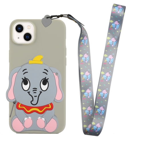 

For iPhone 14 Plus Silicone Wallet Phone Case with Lanyard(Grey Elephants)