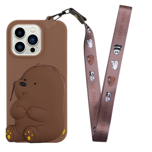 

For iPhone 14 Pro Silicone Wallet Phone Case with Lanyard(Brown Bear)