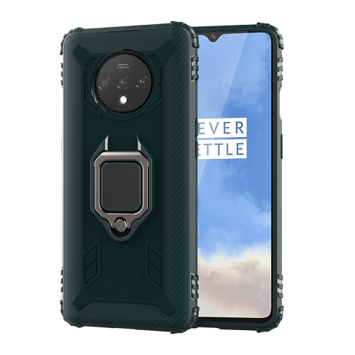 

For OnePlus 7T Carbon Fiber Protective Case with 360 Degree Rotating Ring Holder(Green)