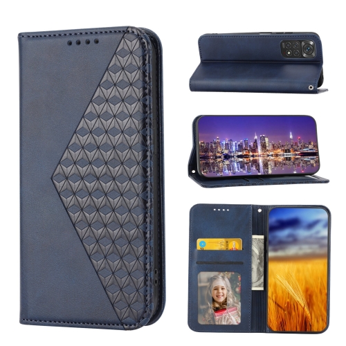 

For Xiaomi Redmi Note 11S Global Cubic Grid Calf Texture Magnetic Closure Leather Phone Case(Blue)