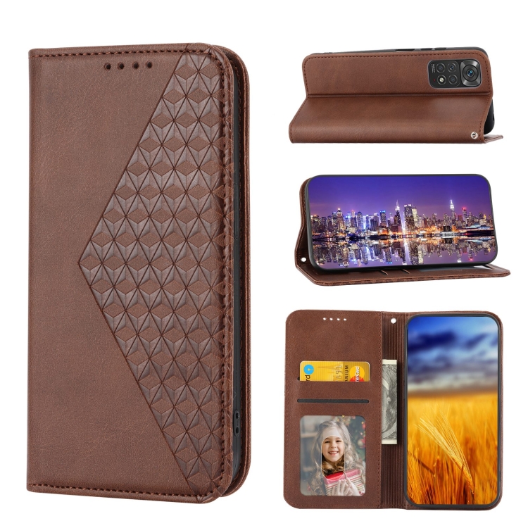 

For Xiaomi Redmi Note 11 Pro 4G Cubic Grid Calf Texture Magnetic Closure Leather Phone Case(Brown)
