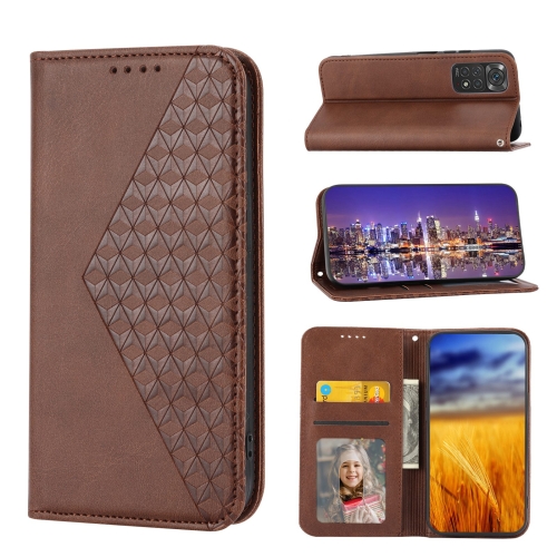 

For Xiaomi Redmi Note 11T Pro Cubic Grid Calf Texture Magnetic Closure Leather Phone Case(Brown)