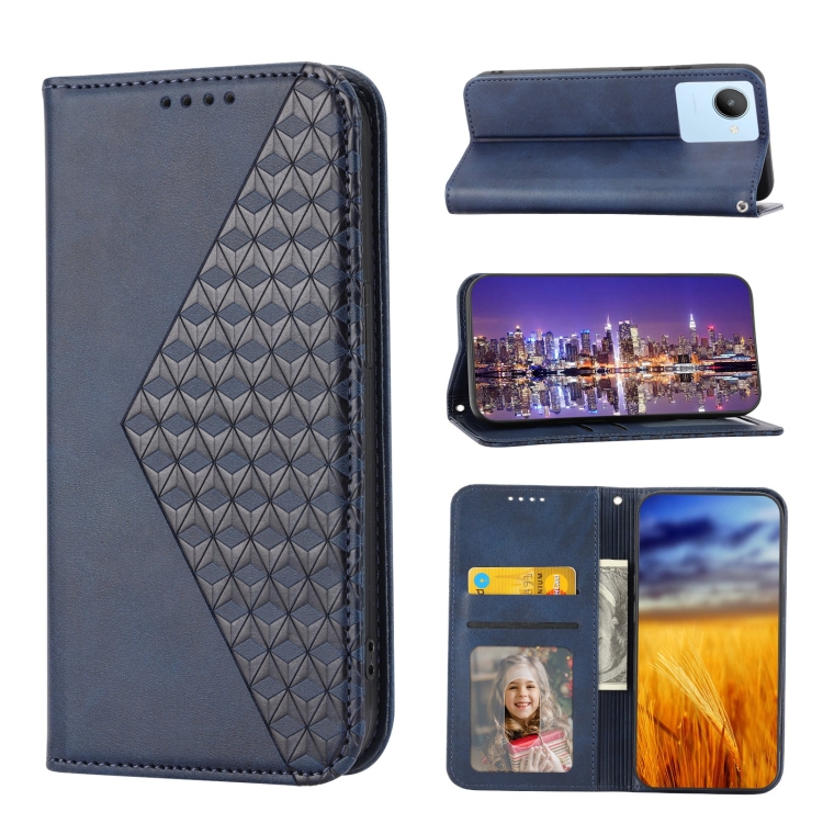 

For Realme 9 Pro+ Cubic Grid Calf Texture Magnetic Closure Leather Phone Case(Blue)