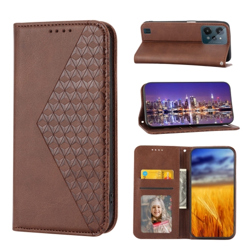 

For Realme C31 Cubic Grid Calf Texture Magnetic Closure Leather Phone Case(Brown)