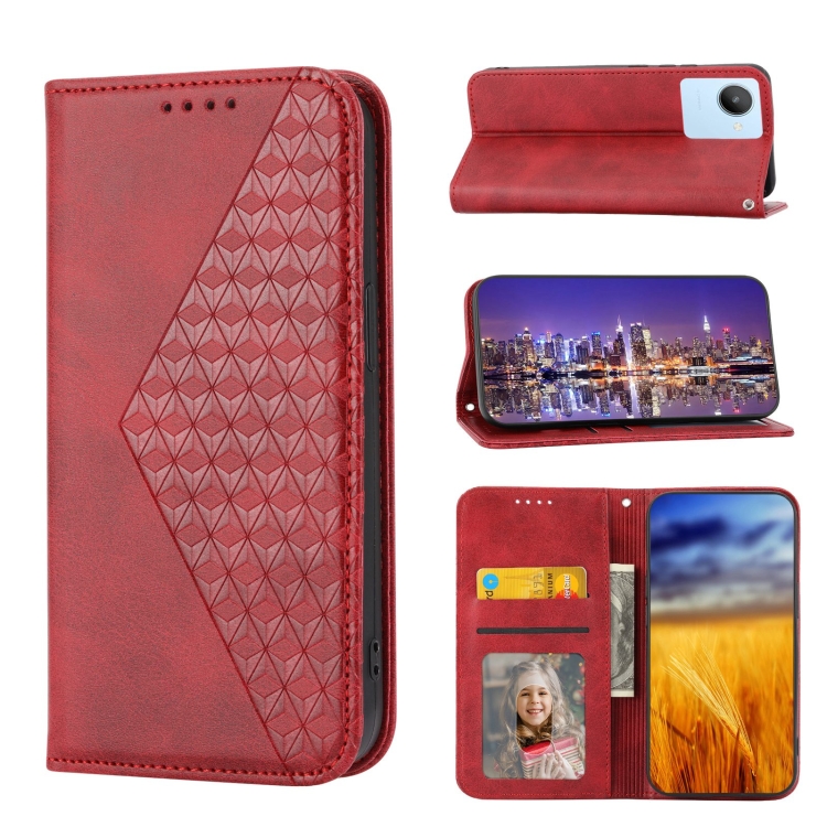 

For Realme C30 Cubic Grid Calf Texture Magnetic Closure Leather Phone Case(Red)