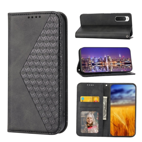 

For Sony Xperia 10 IV Cubic Grid Calf Texture Magnetic Closure Leather Phone Case(Black)