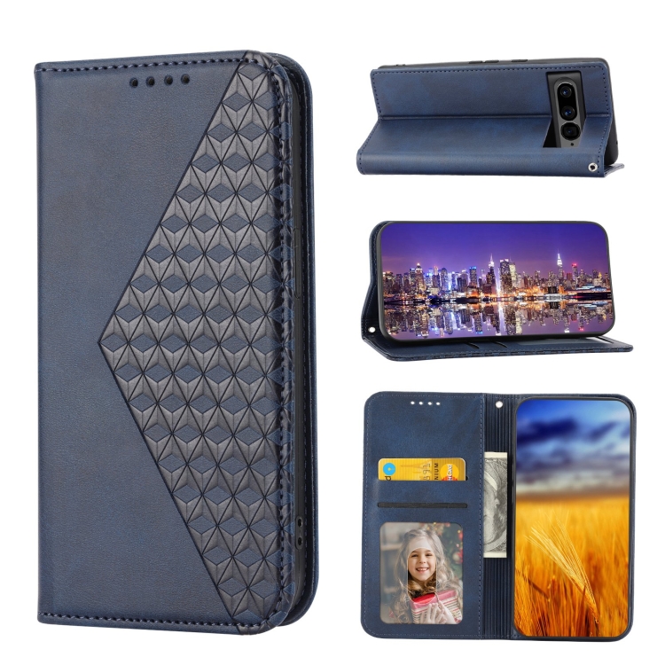 

For Google Pixel 7 Pro Cubic Grid Calf Texture Magnetic Closure Leather Phone Case(Blue)