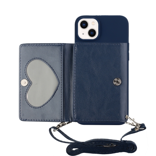 

For iPhone 14 Plus Crossbody Lanyard Wallet Card Bag Phone Case(Dark Blue)