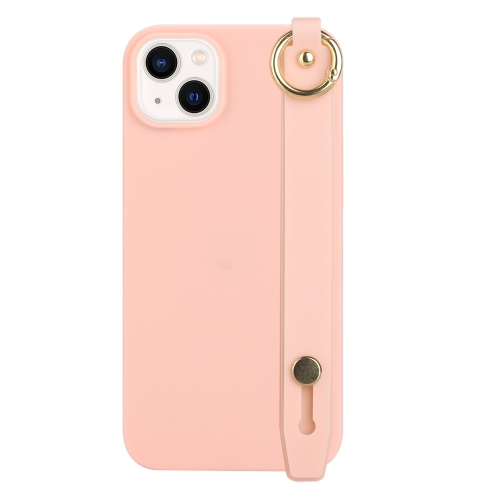 

For iPhone 14 Plus Wrist Strap Holder TPU Phone Case(Light Pink)