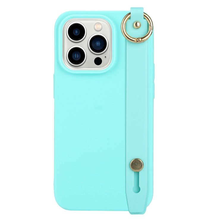 

For iPhone 14 Pro Max Wrist Strap Holder TPU Phone Case(Light Blue)