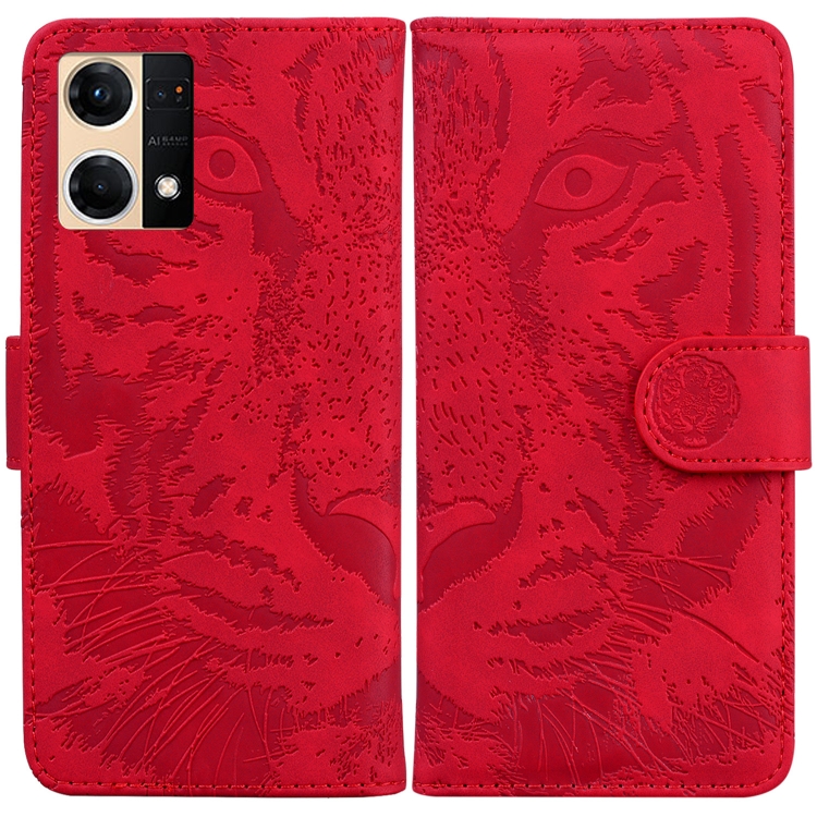 

For OPPO Reno7 4G Tiger Embossing Pattern Flip Leather Phone Case(Red)