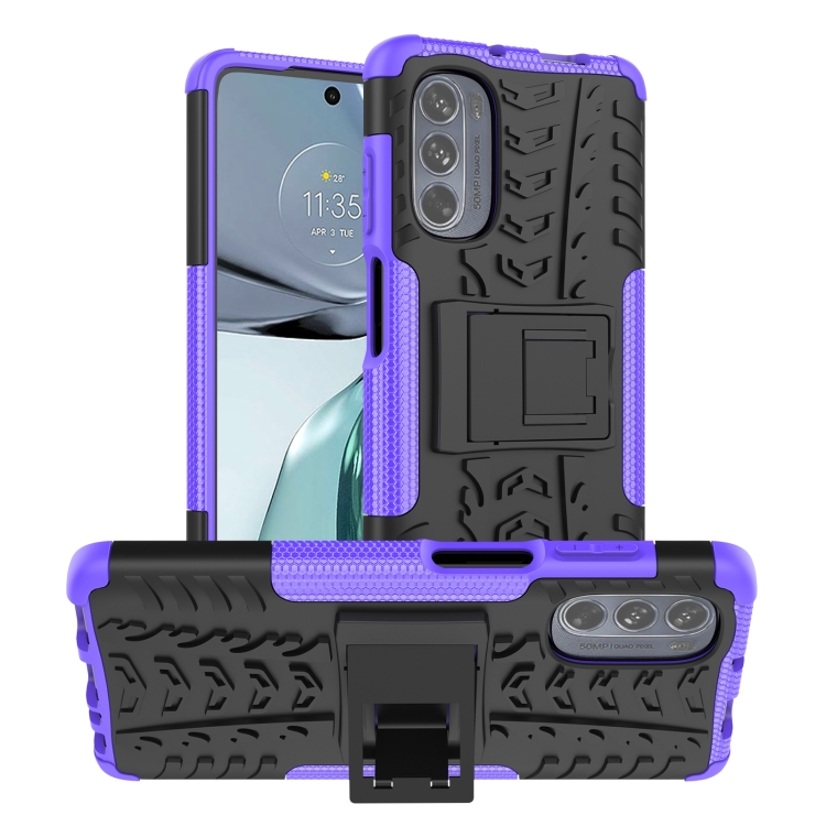 

For Motorola Moto G62 5G Tire Texture TPU + PC Phone Case with Holder(Purple)