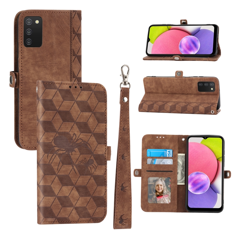 

For Samsung Galaxy A03s 164mm Spider Printed Leather Phone Case(Brown)