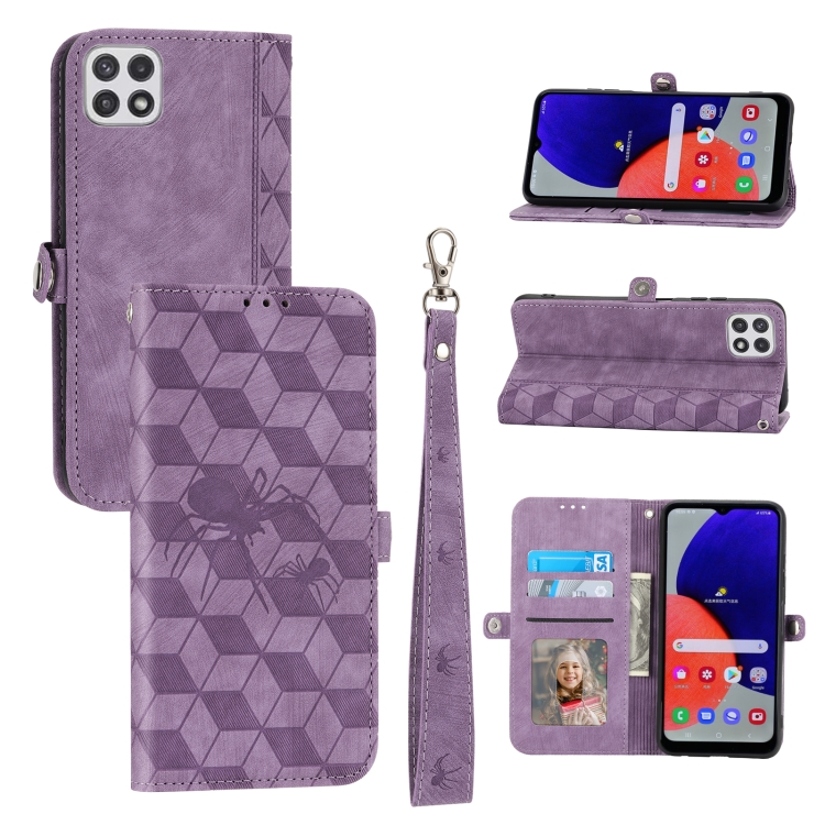 

For Samsung Galaxy A22 5G Spider Printed Leather Phone Case(Purple)