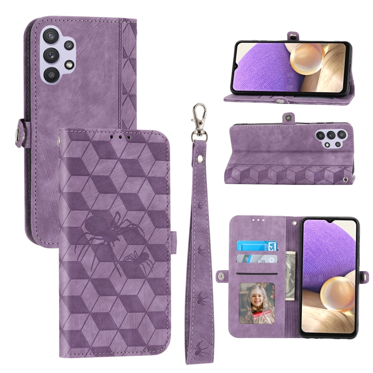 

For Samsung Galaxy A32 4G Spider Printed Leather Phone Case(Purple)
