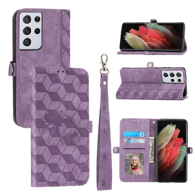 

For Samsung Galaxy S21 Ultra Spider Printed Leather Phone Case(Purple)