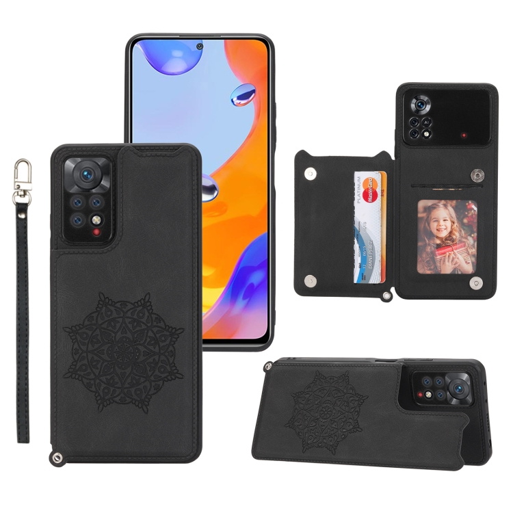 

For Xiaomi Redmi Note 11S Mandala Embossed Phone Case with Holder(Black)