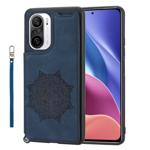 

For Xiaomi Redmi K40 Mandala Embossed Phone Case with Holder(Blue)