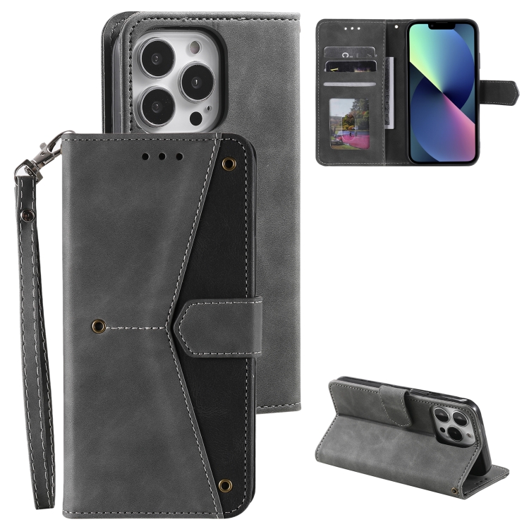 

For iPhone 13 Pro Max Nail Skin Feel Stitching Calf Texture Leather Phone Case(Grey)