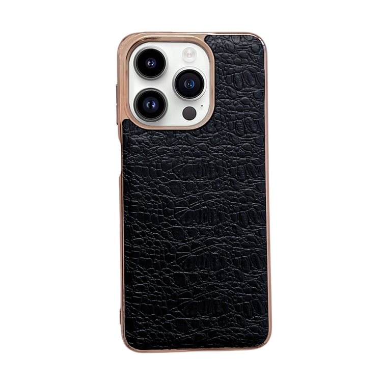 

For iPhone 14 Pro Sky Series Nano Electroplating Genuine Leather Phone Case(Black)