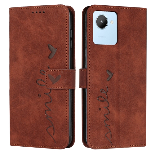 

For Realme C30 Skin Feel Heart Pattern Leather Phone Case(Brown)