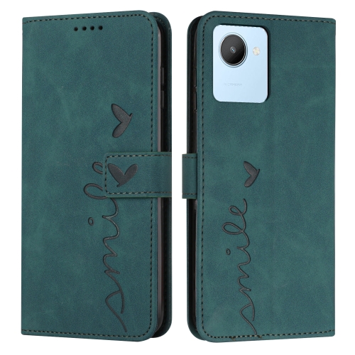 

For Realme C30 Skin Feel Heart Pattern Leather Phone Case(Green)