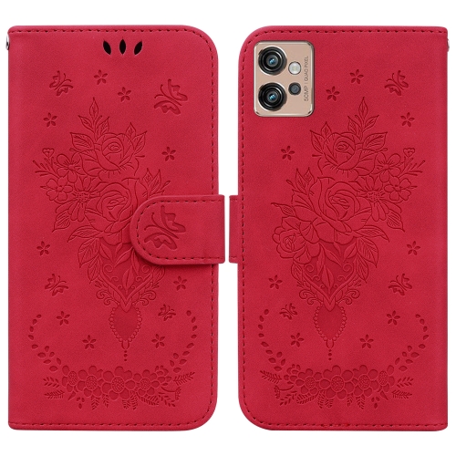

For Motorola Moto G32 Butterfly Rose Embossed Leather Phone Case(Red)