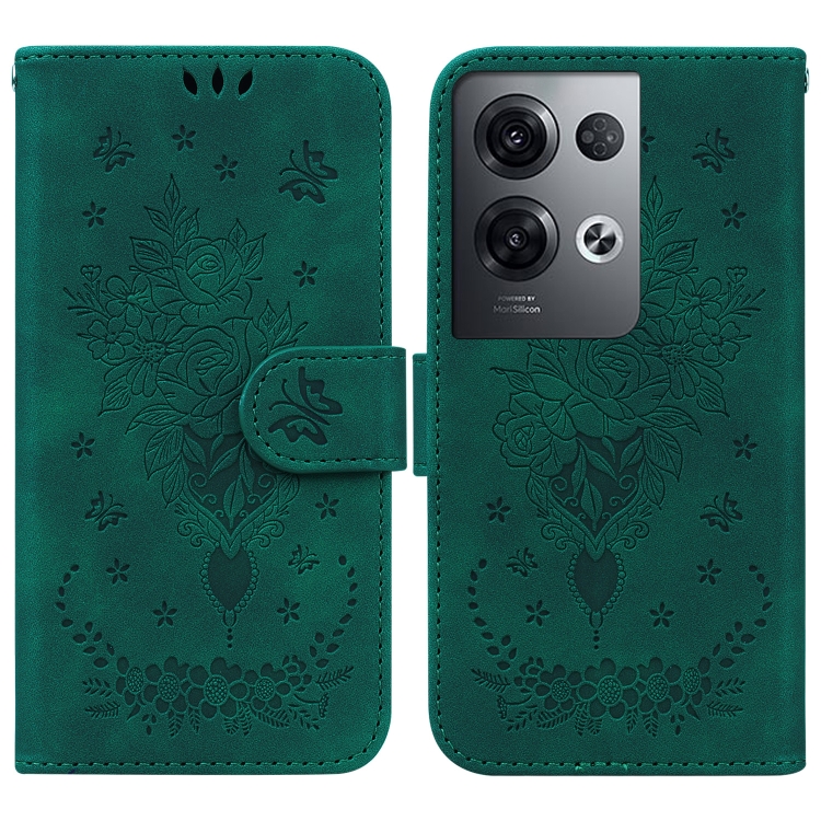 

For OPPO Reno8 Butterfly Rose Embossed Leather Phone Case(Green)