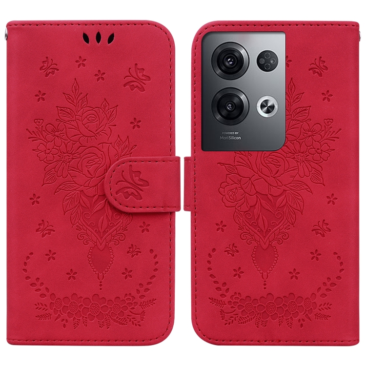 

For OPPO Reno8 Pro+ Butterfly Rose Embossed Leather Phone Case(Red)