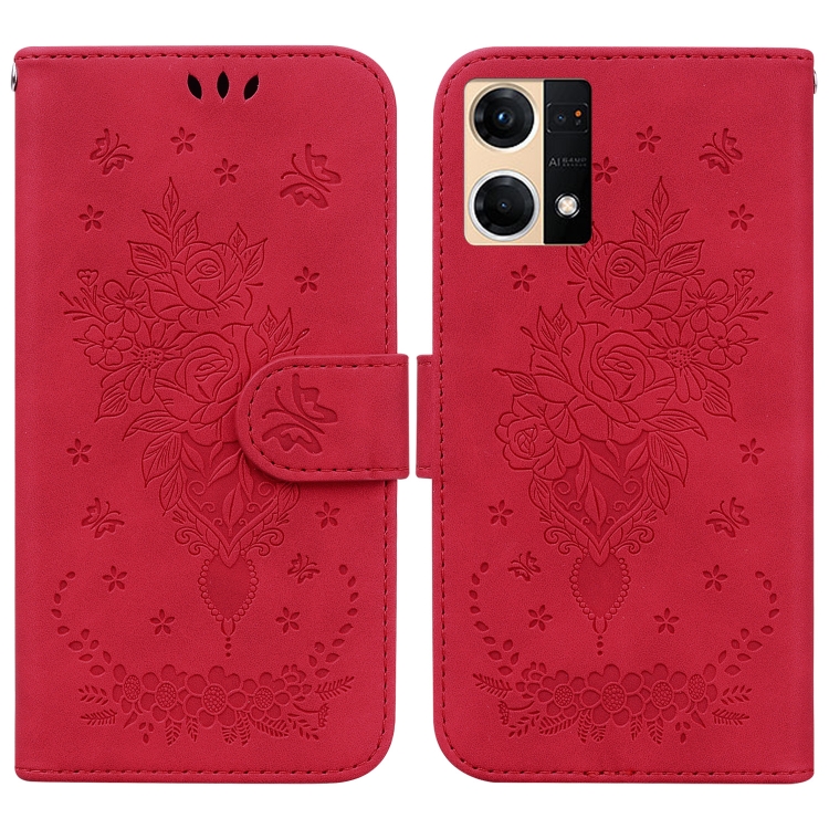 

For OPPO Reno7 4G Butterfly Rose Embossed Leather Phone Case(Red)