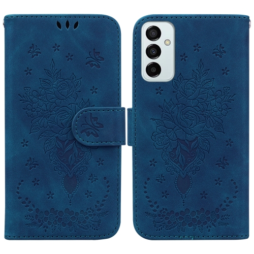 

For Samsung Galaxy M13 4G Butterfly Rose Embossed Leather Phone Case(Blue)