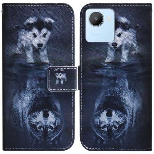 

For Realme C30 Coloured Drawing Leather Phone Case(Wolf and Dog)