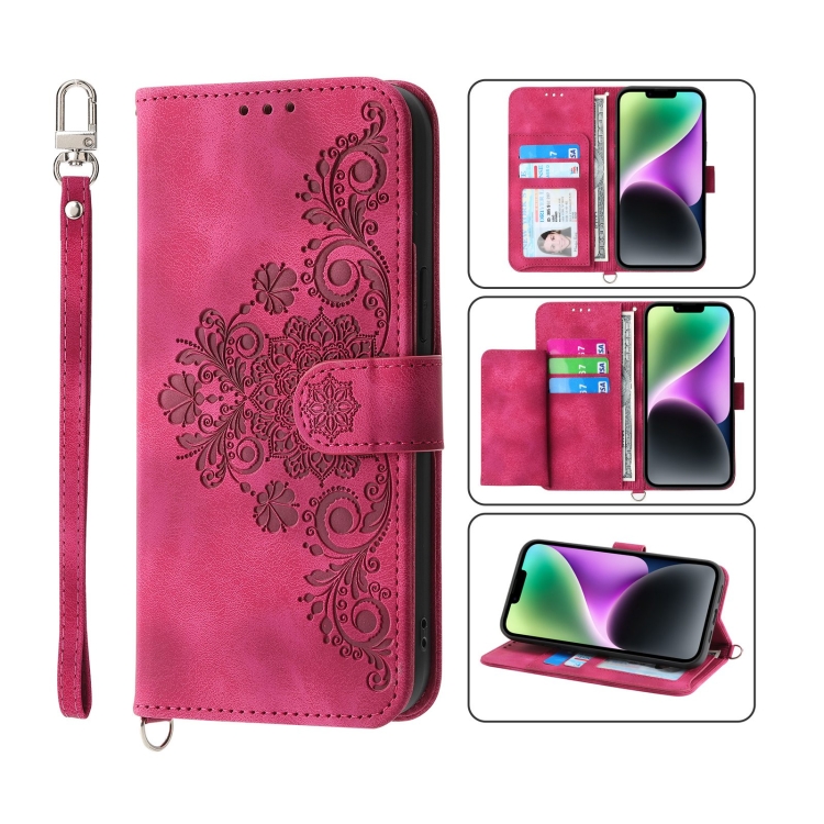 

For iPhone 14 Skin-feel Flowers Embossed Wallet Leather Phone Case(Wine Red)