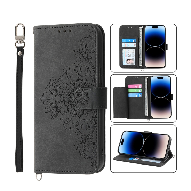 

For iPhone 14 Pro Skin-feel Flowers Embossed Wallet Leather Phone Case(Black)