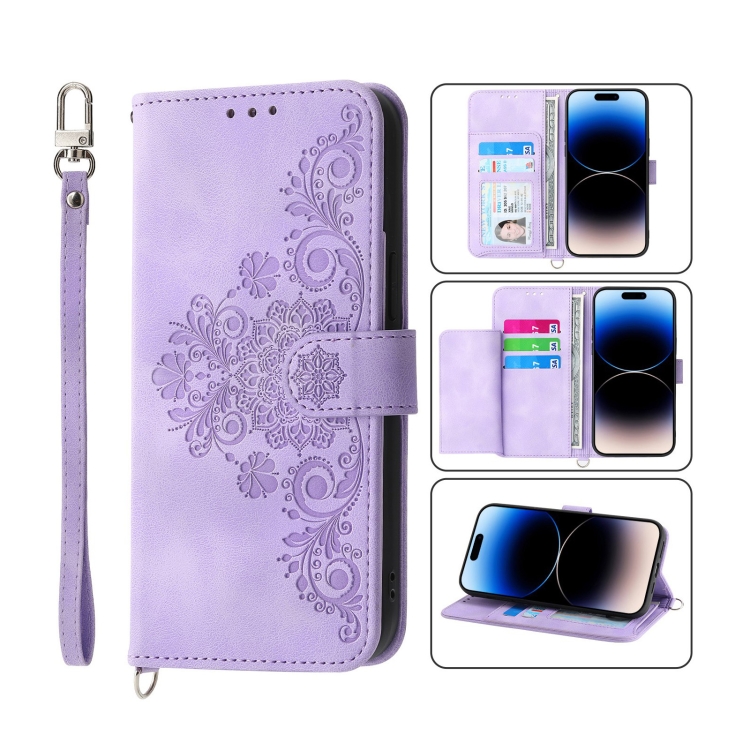 

For iPhone 14 Pro Max Skin-feel Flowers Embossed Wallet Leather Phone Case(Purple)