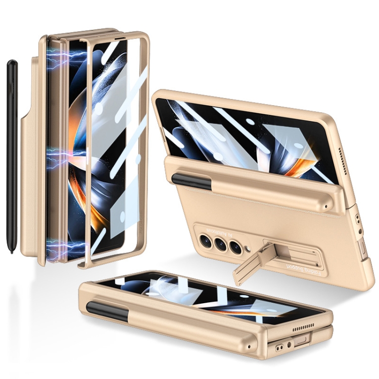 

For Samsung Galaxy Z Fold4 GKK Magnetic Hinge Flip Phone Case with Pen Holder & Holder(Champagne Gold)