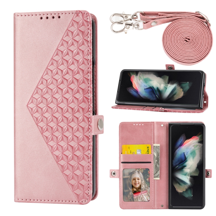 

For Samsung Galaxy Z Fold4 Cubic Grid Calf Texture Leather Phone Case with Neck Lanyard(Rose Gold)