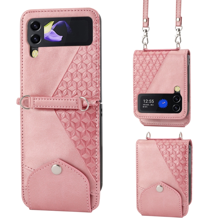 

For Samsung Galaxy Z Flip4 Cubic Grid Calf Texture Leather Phone Case with Neck Lanyard(Brown)