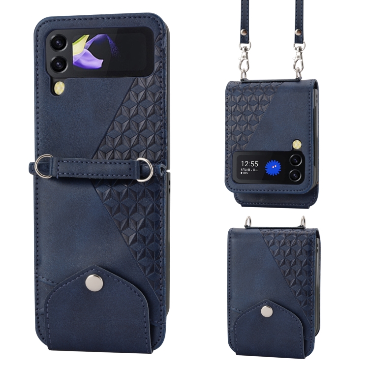 

For Samsung Galaxy Z Flip3 5G Cubic Grid Calf Texture Leather Phone Case with Neck Lanyard(Blue)