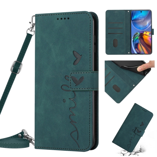 

For Motorola Moto E32 4G/E32s Skin Feel Heart Pattern Leather Phone Case With Lanyard(Green)